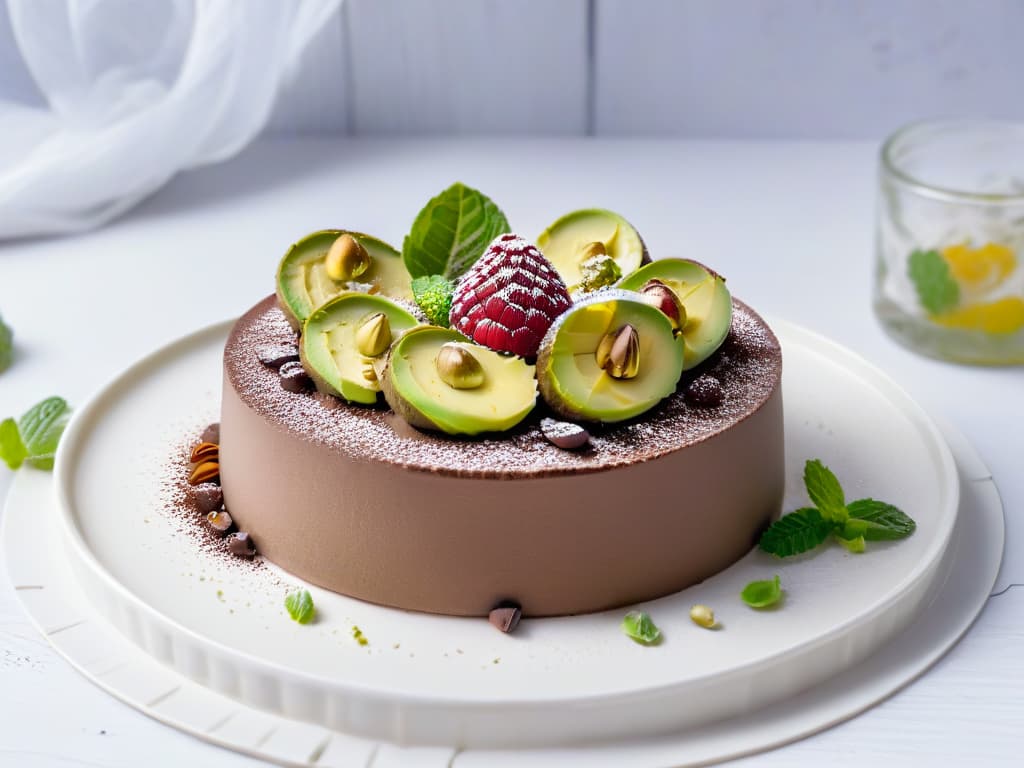  An elegant, minimalistic image of a beautifully plated keto dessert, featuring layers of creamy avocado chocolate mousse topped with raspberries and a sprinkle of crushed pistachios, all set on a sleek white plate against a soft, neutral background. The dessert is garnished with delicate mint leaves and a dusting of cocoa powder, adding a pop of color and texture to the serene composition. This visually stunning image exudes sophistication and elegance, perfectly complementing the article's theme of elevating keto desserts to new heights through creative decoration. hyperrealistic, full body, detailed clothing, highly detailed, cinematic lighting, stunningly beautiful, intricate, sharp focus, f/1. 8, 85mm, (centered image composition), (professionally color graded), ((bright soft diffused light)), volumetric fog, trending on instagram, trending on tumblr, HDR 4K, 8K