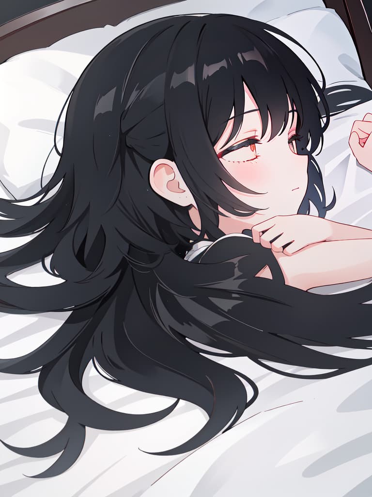  Girl, sleeping in bed, from the side, neighbor, black hair, masterpiece, best quality,8k,ultra detailed,high resolution,an extremely delicate and beautiful,hyper detail