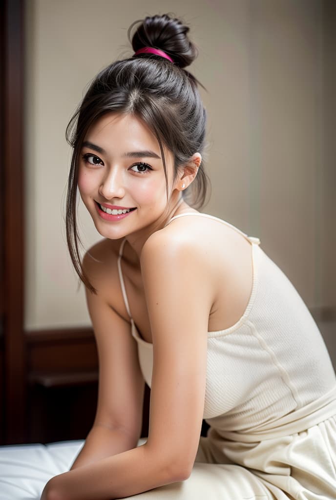  1 , tender smile, long , bang hair, bun hair, big s, full body, ADVERTISING PHOTO,high quality, good proportion, masterpiece , The image is captured with an 8k camera and edited using the latest digital tools to produce a flawless final result.