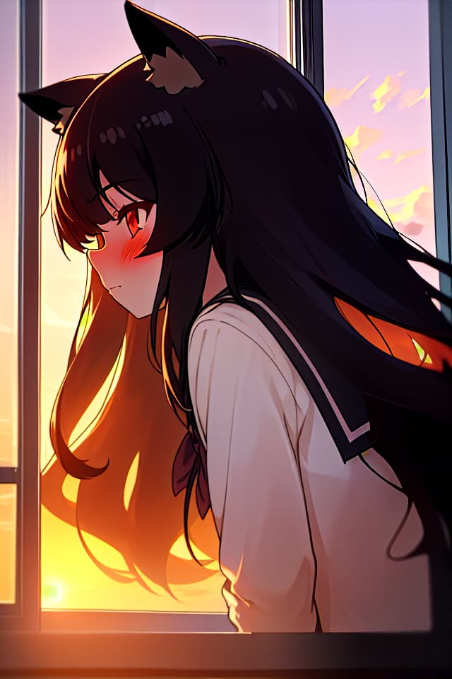  1girl,long hair,black hair,animal ears,school uniform,in clroom,by window,sunset,blush,side view,face close up