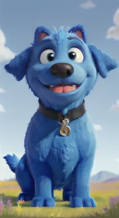  {A happy, big blue dog wagging its tail in a colorful meadow, The big blue dog is large with sky blue fur, big round eyes, a black nose, and floppy ears.