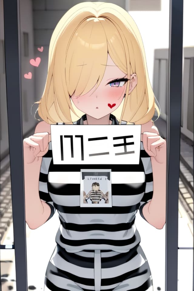  ultra detailed:1.2masterpiece:1.2,best quality,masterpiece,bestquality,hdr:1.1,8k:1.1,very cute girl:1.3,(white and black striped pattern Jumpsuit:1.3),prison:1.3,(front iron grate:1.3) ,hands up :1.1,(holding name plate:1.3),blonde hair:1.3,heart tattoo under one eye:1.2,upper body:1.1,multi shot:1.4,into prison