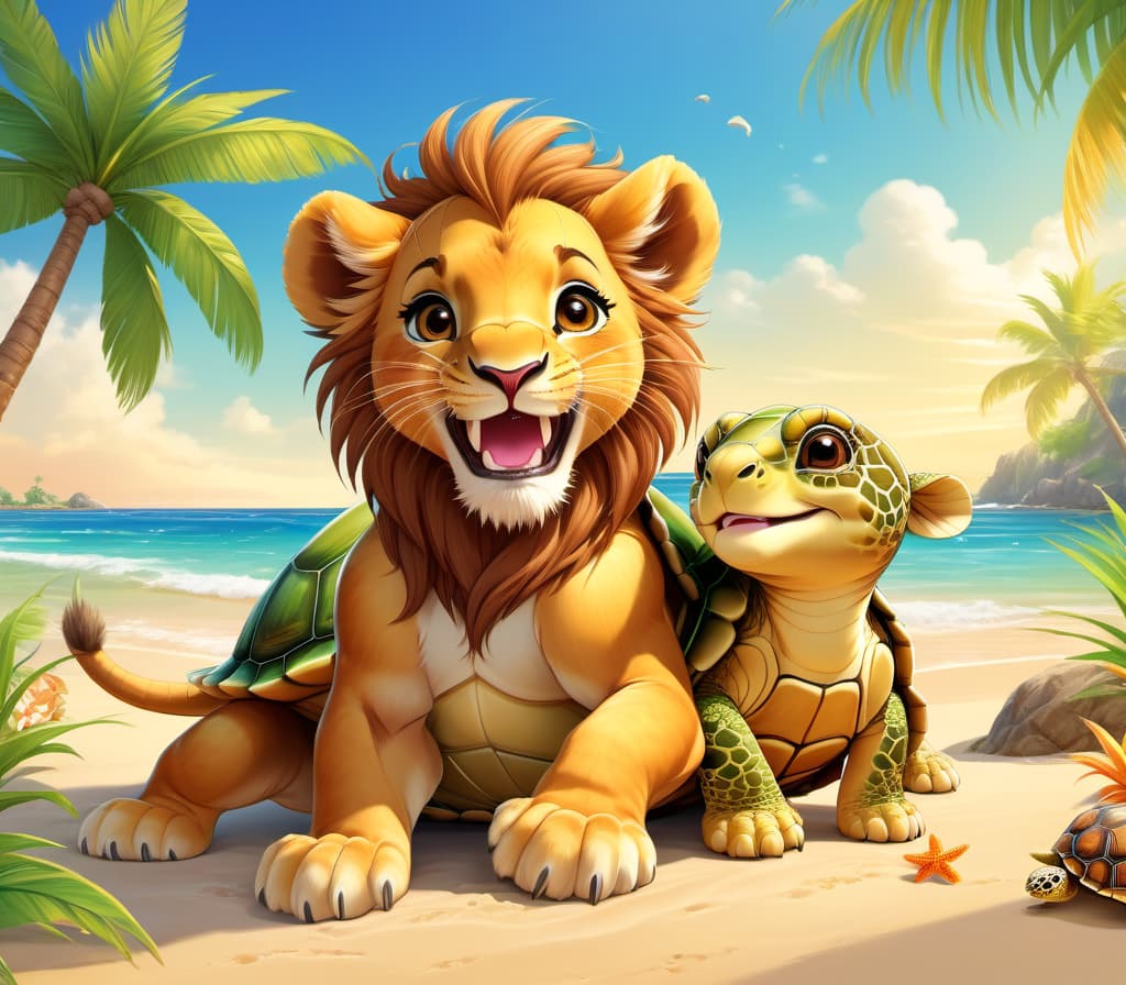  anime artwork style Mandy Disher, lion cub and turtle are lying on the beach and singing a song, large turtle with a brown shell,  lion cub has a beautiful thick mane, they are having fun, they have a good cheerful mood, carefree life, sun, sea, palm tree, . anime style, key visual, vibrant, studio anime,  highly detailed