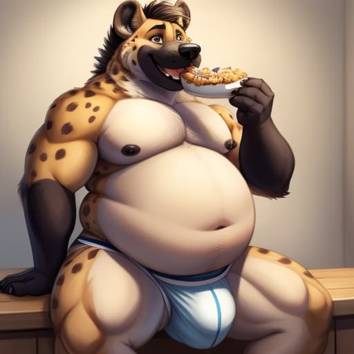  Anthropomorphic spotted hyena, male, overweight, big belly, fat arms, fat legs, weight gain, eating, tight clothes, detailed crotch, detailed bulge, jockstrap, fat, open eyes, digital art, masterpiece, 4k, fine details,