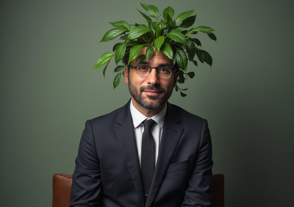  good quality, high quality, a man is wearing a suit and has a plant on his head. the man is sitting on a chair