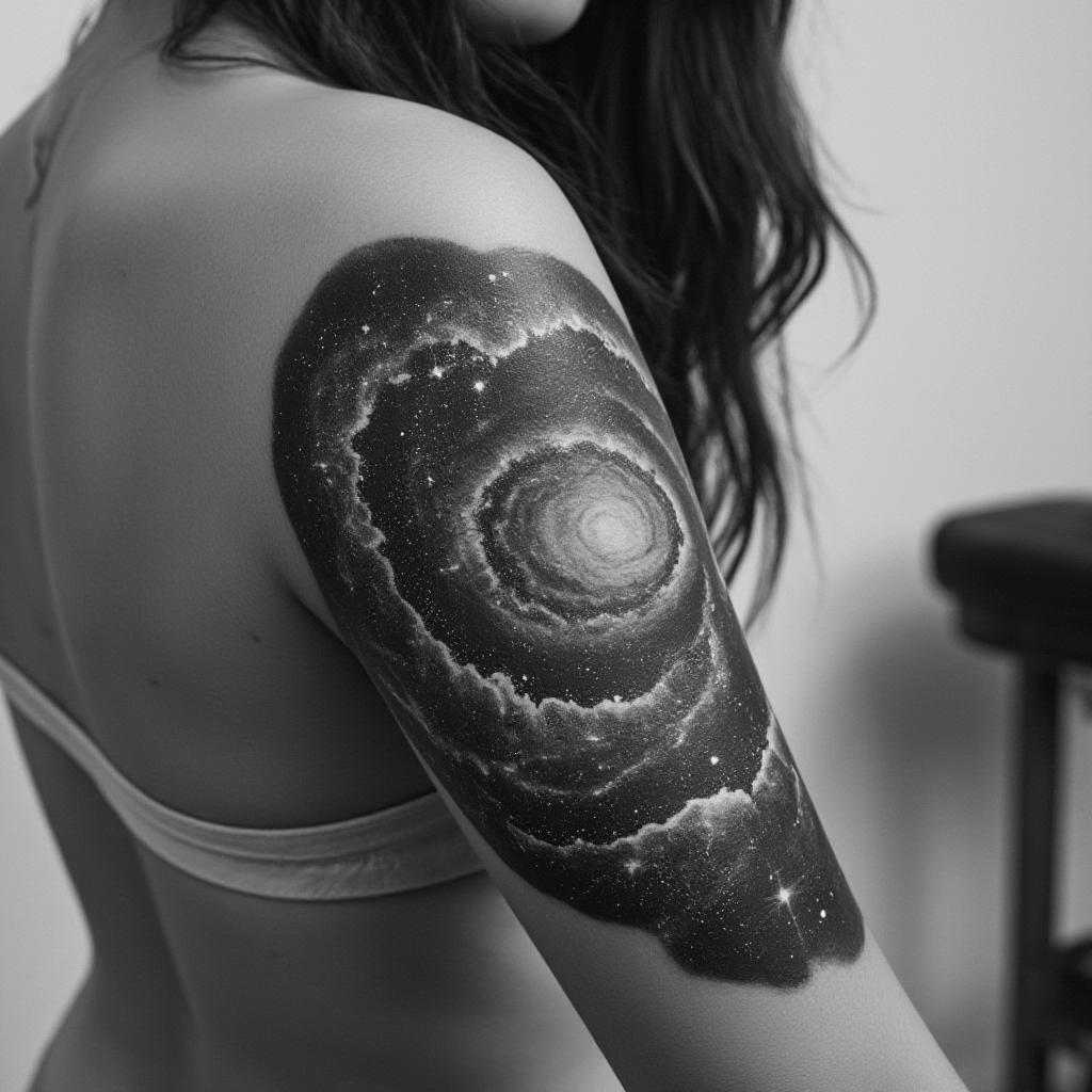  good quality, high quality, create a professionally shaded, abstract black and white tattoo of the milky way galaxy, viewed from a top down perspective. the design should be intricately detailed with a focus on depth and texture, ensuring the galaxy's spiral arms are prominently visible. the tattoo should seamlessly flow from the shoulder to the elbow on the upper arm of a female, emphasizing soft curves to follow the natural contours of the arm. include fine detailing, subtle shading transitions, and a sense of cosmic movement, but avoid hard geometric lines or overly symmetrical patterns to keep the design organic.