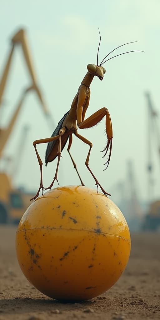  good quality, high quality, a mantis standing on the wrexkingball of a crane, photorealistic, epic, yellow cranes in the background