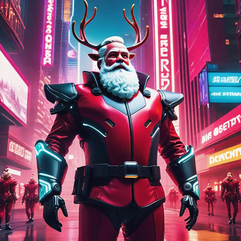  Santa Claus stands tall against a neon-lit cityscape, his crimson suit contrasting with the dystopian backdrop. With a mechanical exoskeleton fused to his limbs, he exudes an air of futuristic power. Beside him, his cybernetically-enhanced reindeers radiate vibrant hues, their eyes glinting with artificial intelligence. As they gracefully traverse the high-tech metropolis, their metallic hooves leave trails of energy, illuminating the digital snowflakes that fall from the technologically advanced sky. This vivid and detailed scene captures the essence of a cyberpunk-inspired Christmas filled with awe and wonder. hyperrealistic, full body, detailed clothing, highly detailed, cinematic lighting, stunningly beautiful, intricate, sharp focus, f/1. 8, 85mm, (centered image composition), (professionally color graded), ((bright soft diffused light)), volumetric fog, trending on instagram, trending on tumblr, HDR 4K, 8K