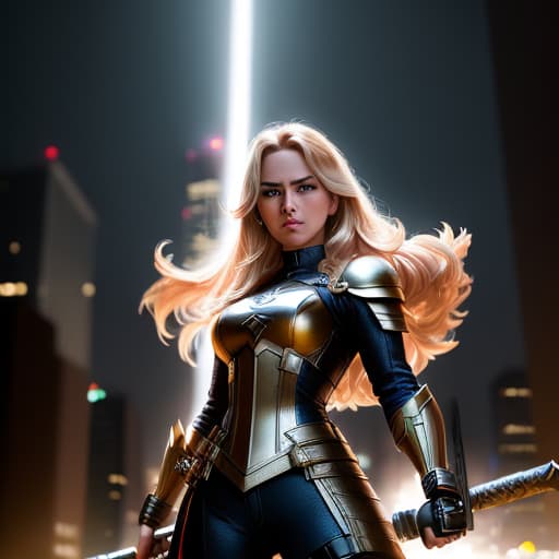  A superhero young woman fights creaters at night and has a mighty hammer like Thor hammer . She is a Christian holy paladin , hyperrealistic, high quality, highly detailed, perfect lighting, intricate, sharp focus, f/1. 8, 85mm, (centered image composition), (professionally color graded), ((bright soft diffused light)), trending on instagram, HDR 4K, 8K