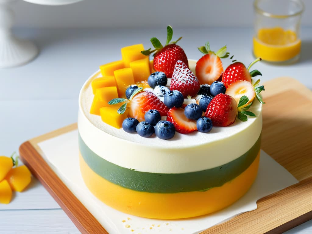  A closeup, ultradetailed image of a vibrant, colorful fruit salad arranged meticulously in a sleek, modern bowl. The fruits, including succulent strawberries, juicy blueberries, and ripe mango chunks, glisten enticingly under soft, natural lighting, with each piece perfectly placed to create a visually striking and appetizing composition. The focus is on the textures, colors, and freshness of the fruits, inviting the viewer to indulge in a healthy and detoxifying dessert option. hyperrealistic, full body, detailed clothing, highly detailed, cinematic lighting, stunningly beautiful, intricate, sharp focus, f/1. 8, 85mm, (centered image composition), (professionally color graded), ((bright soft diffused light)), volumetric fog, trending on instagram, trending on tumblr, HDR 4K, 8K