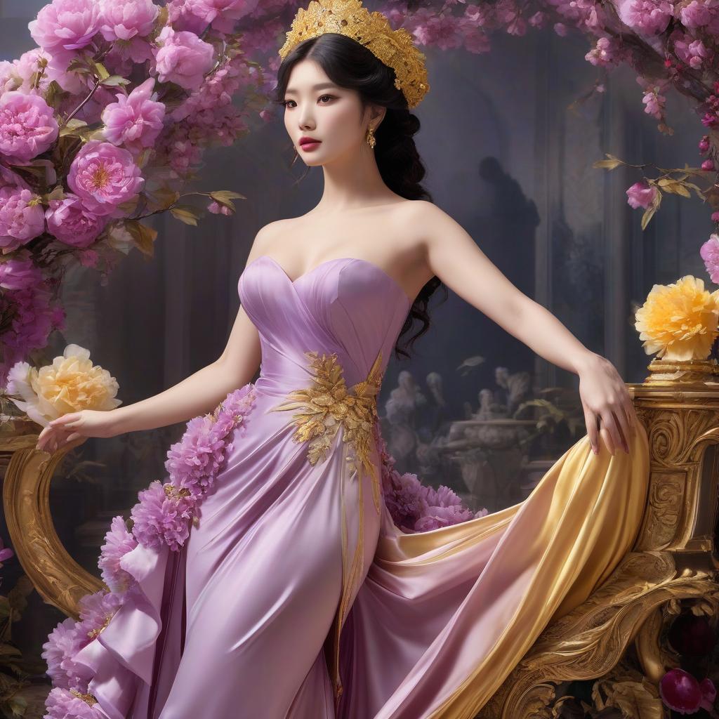  Singer IU. A very pretty girl. Purple silk dress, a flowing silk dress with scalades. Black silky hair in a ponytail. A golden gun in her hands. Purple dress, fitted dress. On her fingers a gold solid with a fillet stone. A purple hat on his head. A purple hat on his head. Alfonso Mucha, Honoré Fargonard.Lambrusco. A bottle of vine, glass. Rum roses, rosehips, rose hips, peonies, cherry tree, yellow, red, black flowers, forget me nots. A nice clear glass. ((Sparkling rim)): spring field, hyacinths, roses, rosehips, rose hips, peonies, cherry tree, yellow, red, black flowers, forget me nots. Nature in the background, spring, delight. Luxury, richness. High quality. Swarovski, pandora Rococo, realism. A masterpiece. The Ice Palace. Huge pala hyperrealistic, full body, detailed clothing, highly detailed, cinematic lighting, stunningly beautiful, intricate, sharp focus, f/1. 8, 85mm, (centered image composition), (professionally color graded), ((bright soft diffused light)), volumetric fog, trending on instagram, trending on tumblr, HDR 4K, 8K