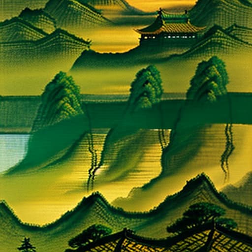  Chinese style landscape painting, mountains, rivers, clouds