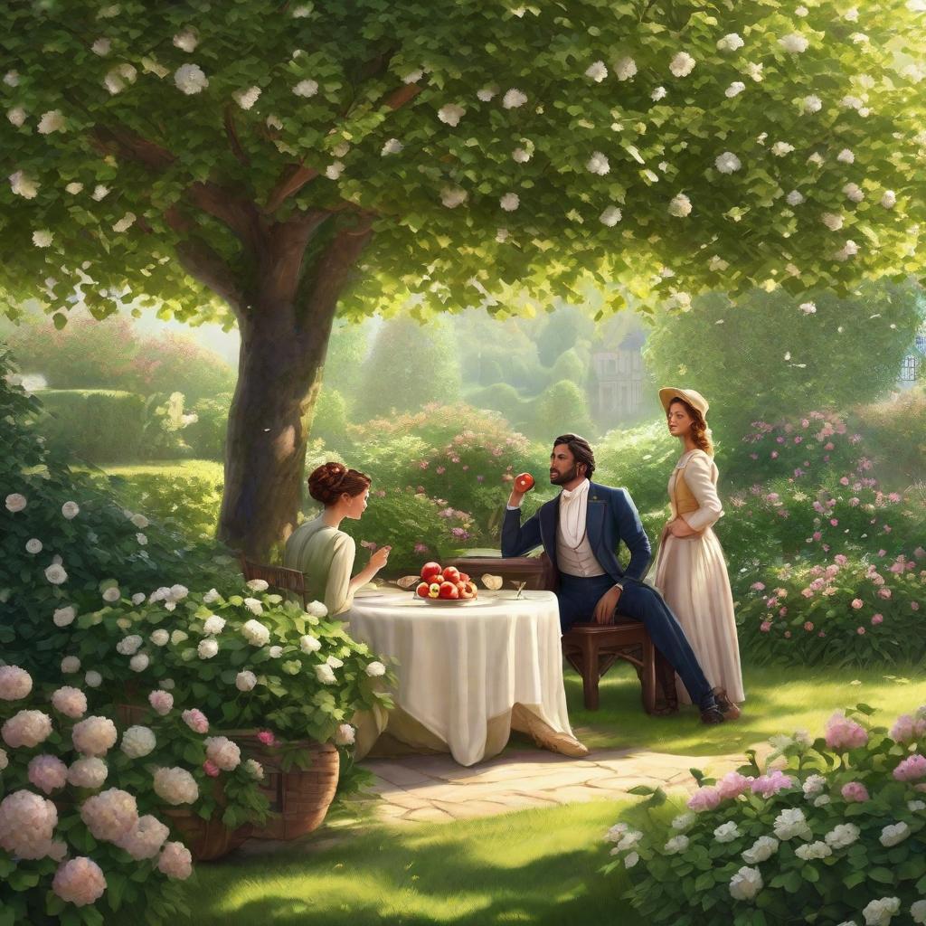  Prompt: Ilrate an and heartwarming image that is elegant and gentle for ren's eyes. The scene is set in a lush green garden in the summertime. In the middle of the garden stands a fully grown apple tree, but surprisingly, it has no apples on it. Two main characters are present. The first character is a kind-hearted and slightly bewildered middle-aged man, dressed in comfortable casual attire. He is the owner of the garden. He is seen with a surprised expression on his face as he is curiously looking at the barren apple tree. He just shook one of the tree's nches, hoping to see any apples fall out, but none did. The other character is a small , cute and bright-eyed, standing beside the owner, carrying an innoce hyperrealistic, full body, detailed clothing, highly detailed, cinematic lighting, stunningly beautiful, intricate, sharp focus, f/1. 8, 85mm, (centered image composition), (professionally color graded), ((bright soft diffused light)), volumetric fog, trending on instagram, trending on tumblr, HDR 4K, 8K