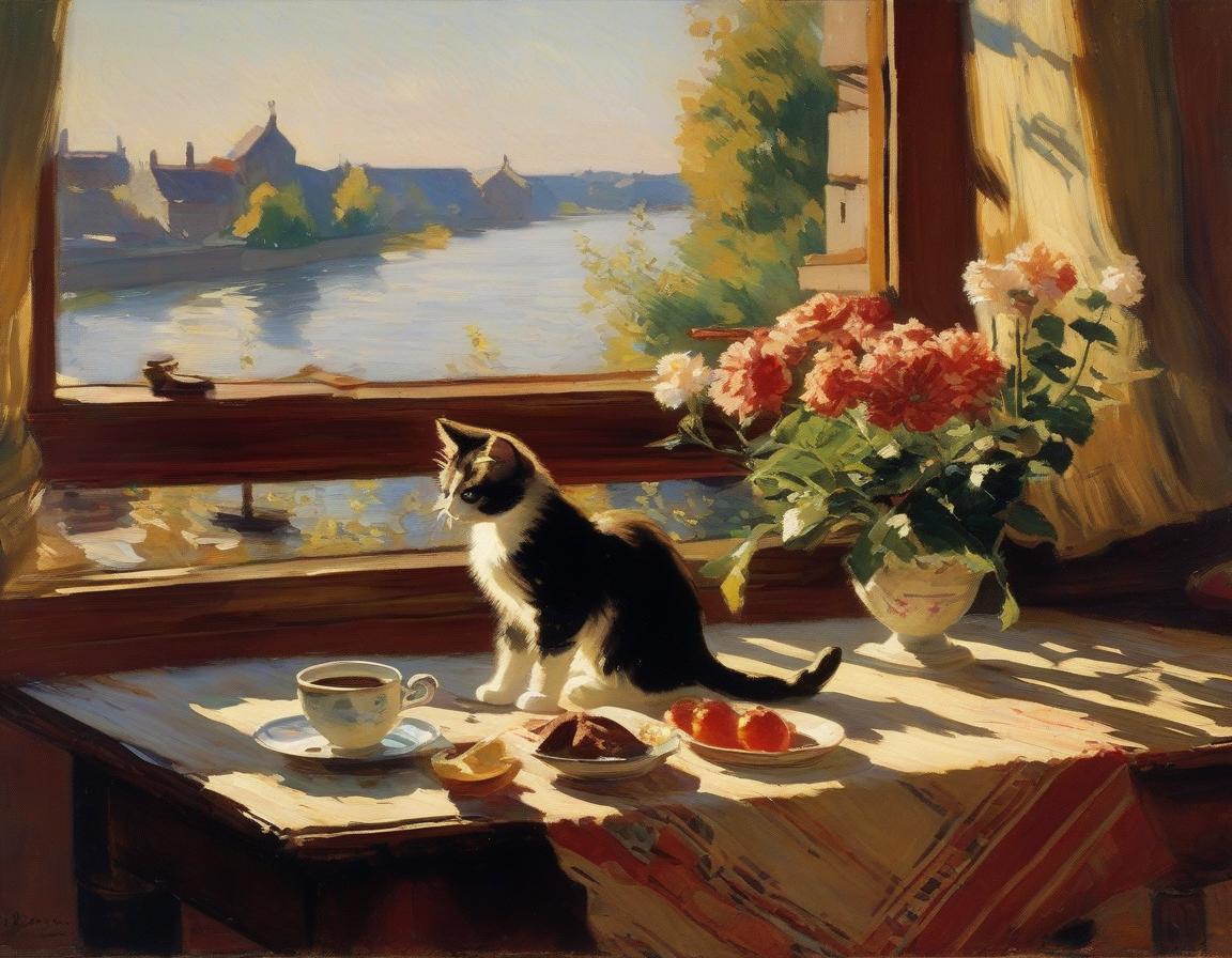  Two kittens are eating a sausage on a wooden table, Konstantin Korovin. Table: wooden, with a brown surface, covered with a embroidered tablecloth. On the table is a coffee cup. Background: window with a sill. On the sill are indoor plants. Outside the window is a summer landscape and a river. Light: warm morning light, coming through the window, illuminating the vase, bowl and fruits. hyperrealistic, full body, detailed clothing, highly detailed, cinematic lighting, stunningly beautiful, intricate, sharp focus, f/1. 8, 85mm, (centered image composition), (professionally color graded), ((bright soft diffused light)), volumetric fog, trending on instagram, trending on tumblr, HDR 4K, 8K