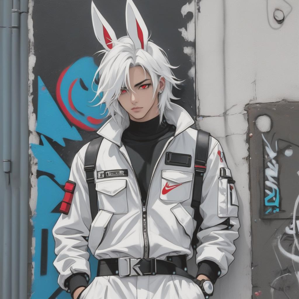  graffiti style ((((Conceptual art))), (((Men's fashion))), tall, pale, long white hair scattered around the shoulders, a tuft of hair on the forehead, red eyes, rabbit ears, dressed in a diving suit, black shirt, white t shirt, jacket, jacket with pockets, high waisted trousers, black pants, leather belt, belt with silver plaque, white cape on shoulders, cape with a large hood, cross around the neck, silver chain, precious stone on the chain, belt bag, moccasins, earring in the shape of a crystal in the ear, high detail on the clothes, many elements in the clothing, emphasis on feet, ((((white background)))) . street art, vibrant, urban, detailed, tag, mural hyperrealistic, full body, detailed clothing, highly detailed, cinematic lighting, stunningly beautiful, intricate, sharp focus, f/1. 8, 85mm, (centered image composition), (professionally color graded), ((bright soft diffused light)), volumetric fog, trending on instagram, trending on tumblr, HDR 4K, 8K