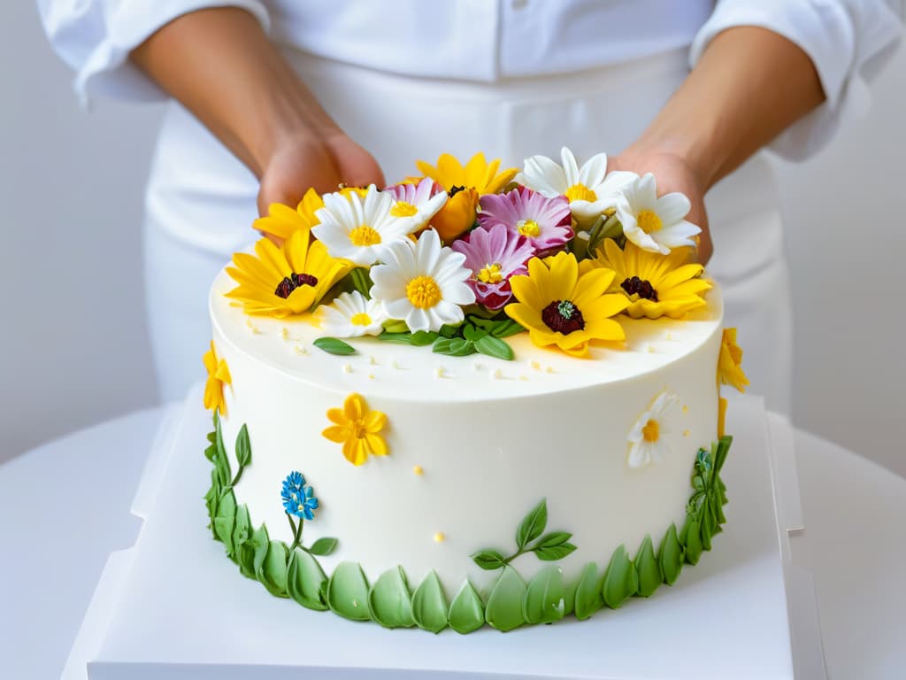  A minimalistic image of two hands from different cultural backgrounds coming together to decorate a beautifully crafted cake, symbolizing successful collaboration between brands in the pastry industry. The hands are delicately placing frosting flowers on top of the cake, showcasing teamwork, unity, and the fusion of different talents to create something truly remarkable. The background is a simple, clean white backdrop to highlight the intricate details of the cake decoration and emphasize the theme of collaboration and creativity in the pastry world. hyperrealistic, full body, detailed clothing, highly detailed, cinematic lighting, stunningly beautiful, intricate, sharp focus, f/1. 8, 85mm, (centered image composition), (professionally color graded), ((bright soft diffused light)), volumetric fog, trending on instagram, trending on tumblr, HDR 4K, 8K