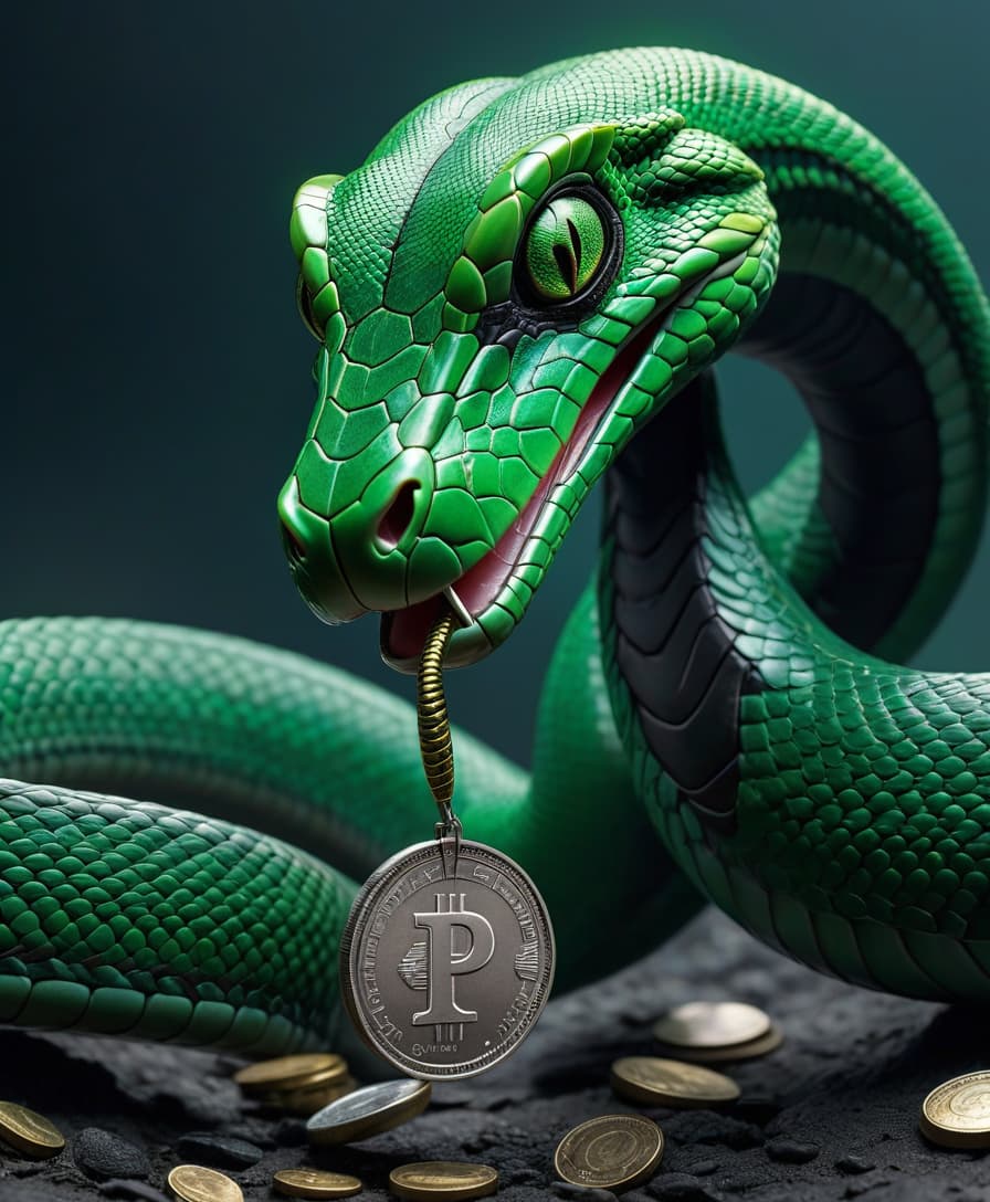  cybernetic robot A green snake holds a coin in its mouth, on the coin there is a letter P, the snake looks straight ahead. . android, AI, machine, metal, wires, tech, futuristic, highly detailed hyperrealistic, full body, detailed clothing, highly detailed, cinematic lighting, stunningly beautiful, intricate, sharp focus, f/1. 8, 85mm, (centered image composition), (professionally color graded), ((bright soft diffused light)), volumetric fog, trending on instagram, trending on tumblr, HDR 4K, 8K