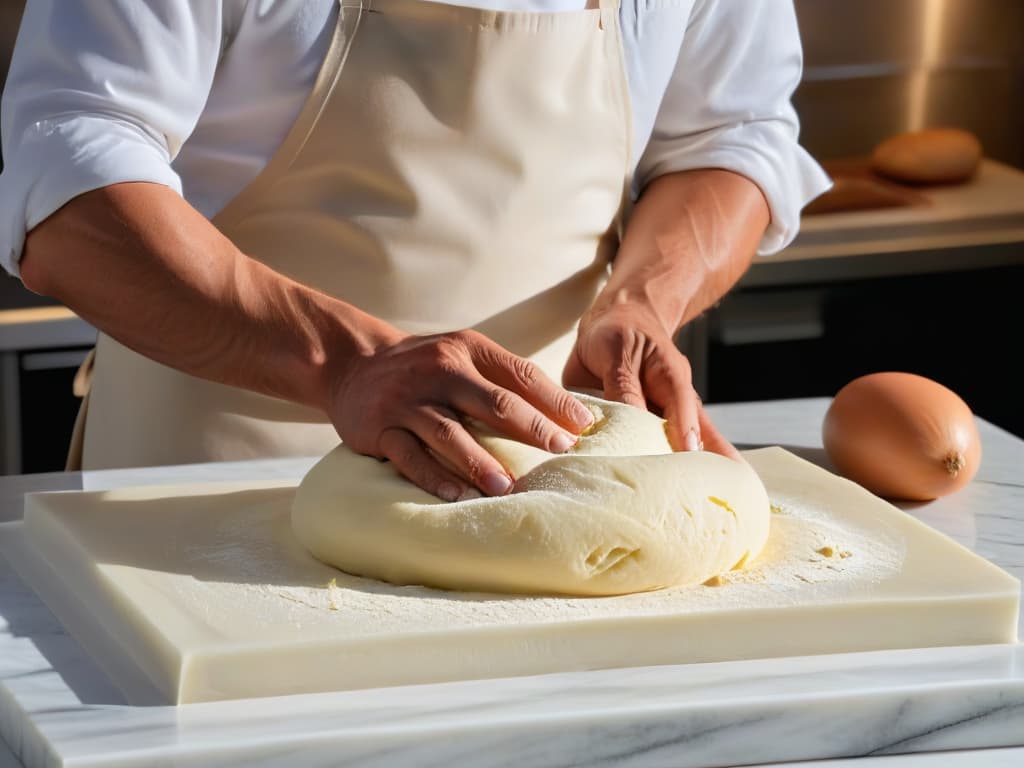  A serene, minimalist image of a chef's hands expertly shaping dough on a sleek marble countertop, illuminated by soft natural light filtering through a nearby window. The focus is on the intricate movements and textures of the dough, capturing the essence of culinary craftsmanship and dedication to skill refinement in the art of pastry making. hyperrealistic, full body, detailed clothing, highly detailed, cinematic lighting, stunningly beautiful, intricate, sharp focus, f/1. 8, 85mm, (centered image composition), (professionally color graded), ((bright soft diffused light)), volumetric fog, trending on instagram, trending on tumblr, HDR 4K, 8K