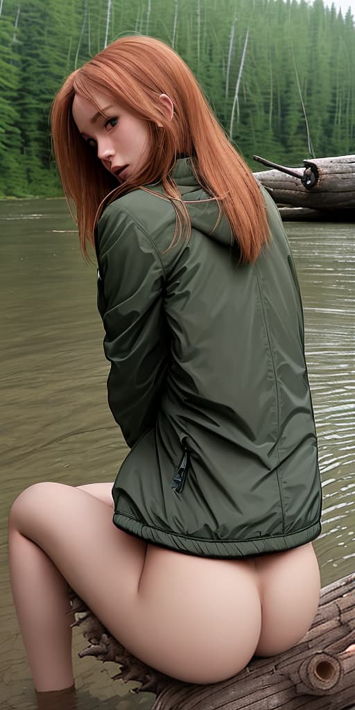  woman-sitting with her back, on a log, in the taiga, in a jacket, bare butt