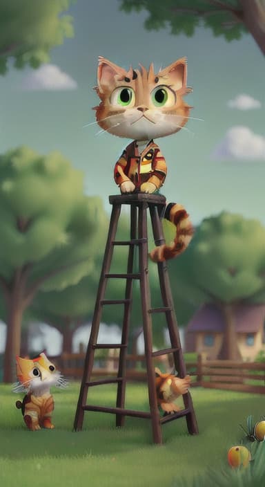  {Mr. Smith setting up a tall ladder against the tree while looking up at Whiskers., A small, fluffy orange cat named Whiskers, with bright green eyes and a playful expression. The neighbors are kind and friendly looking people of all ages.