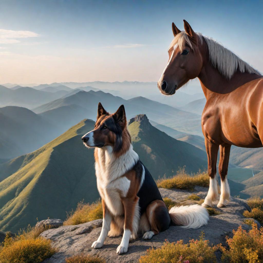  A dog and a horse standing together on top of a mountain with a breathtaking view of the surrounding landscape in the background. The image should capture the essence of friendship between the animals and the beauty of nature, with clear skies and vibrant colors. hyperrealistic, full body, detailed clothing, highly detailed, cinematic lighting, stunningly beautiful, intricate, sharp focus, f/1. 8, 85mm, (centered image composition), (professionally color graded), ((bright soft diffused light)), volumetric fog, trending on instagram, trending on tumblr, HDR 4K, 8K