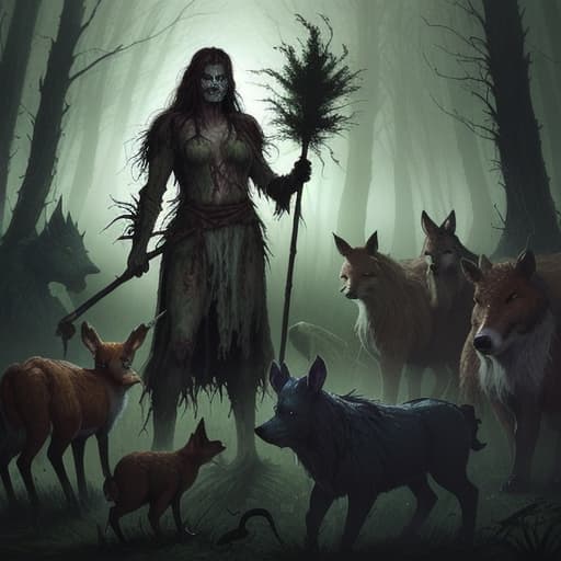  80's fantasy art, A tall and strong human druid with long dark brown hair, wielding an iron-shod staff imbued with magical energy, standing amidst a small clearing in a foggy forest. Surrounding him are various forest creatures including foxes, boars, and birds, all poised for combat against encroaching undead zombies. The scene is tense, with an eerie mist thickening around them and the dim light of a campfire flickering in the background. The zombies, in various states of decay, are converging on the druid and his animal allies.