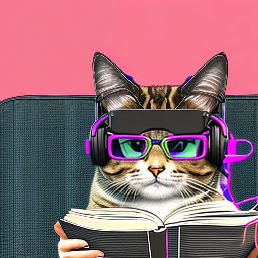 nvinkpunk Realistic image of a cat wearing headphones and reading glasses while riding a bus.