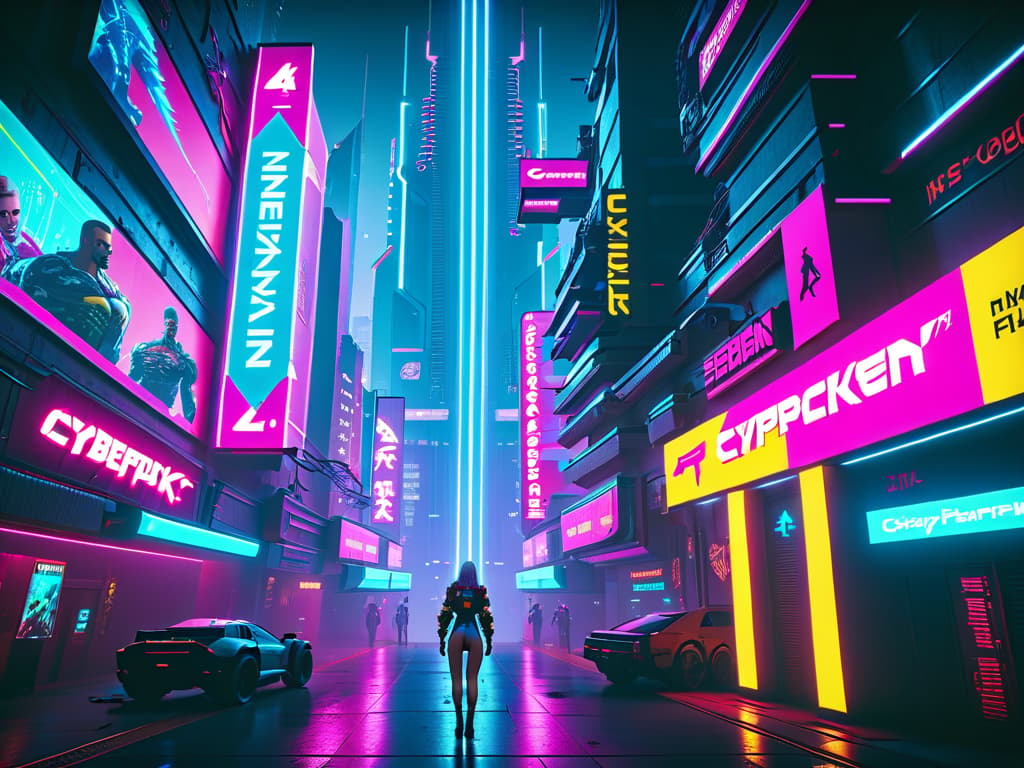  cyberpunk cityscape Cyberpunk 2077+Cyber psychology in cyber implants+Detailed video in resolution 4K . neon lights, dark alleys, skyscrapers, futuristic, vibrant colors, high contrast, highly detailed