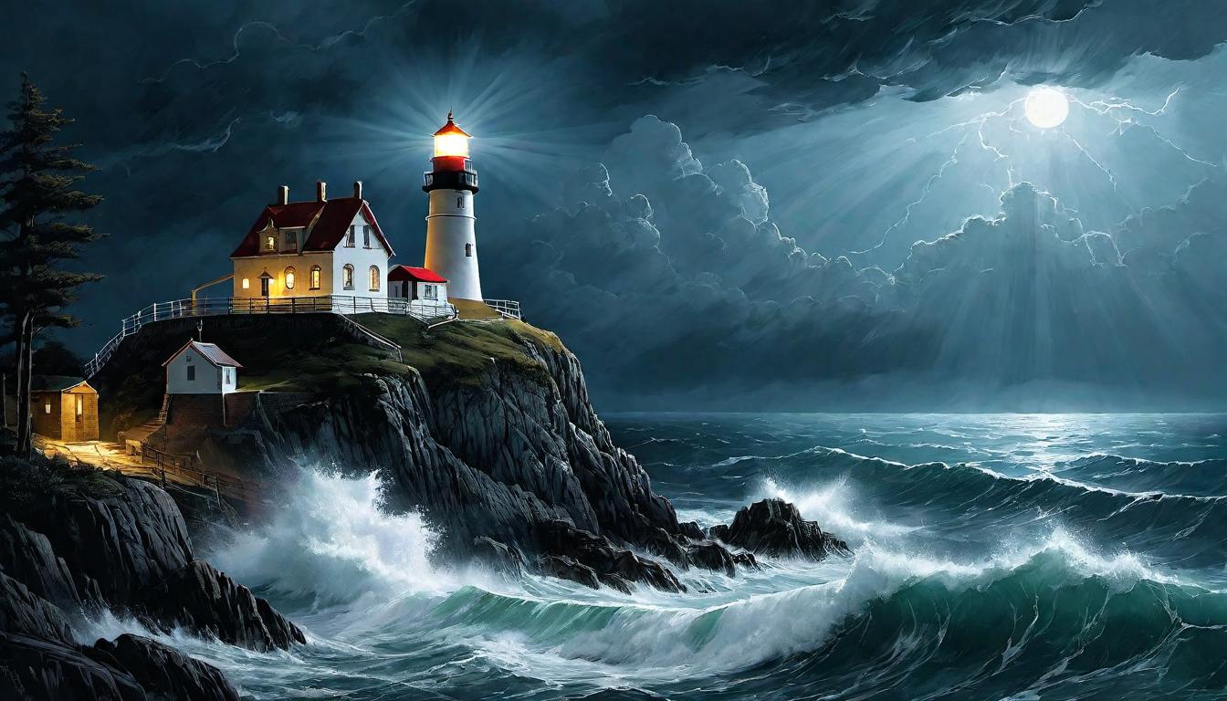  （surrealism)A lighthouse illuminating a stormy night sea, guiding ships through peril, beacon of hope and inspiration, unwavering presence in chaos, leadership in darkness, guiding light, safety in the tempest. mystic, intricate details, best quality)