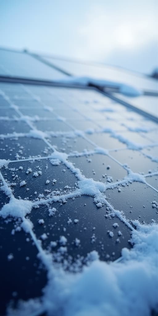  good quality, high quality, a close up of snow covered solar panels, highlighting their efficiency in winter.