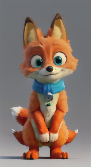  {Error the fox pressing the blue button with his paw, looking puzzled as nothing occurs., Error is a small, bright orange fox with a fluffy tail and big, inquisitive eyes. He has a mischievous yet kind expression and wears a tiny green scarf.