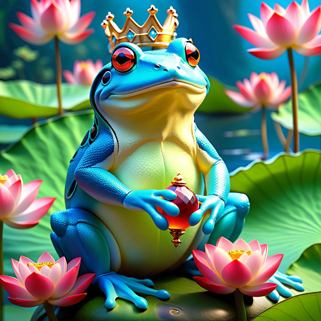  ethereal fantasy concept art of (Background): a lake with blooming lotuses of different shades: from white pink to bright crimson and leaves of tender green colour. The sky above the lake of dark blue colour with golden stars scattered on it. (Fantasy Princess Frog): in the centre of the lake on the biggest lotus flower sits a charming frog in a golden crown decorated with blue and blue precious stones. In his paws he holds a ring decorated with blue stones. Style: fantasy, Russian fairy tales, illustrations. . magnificent, celestial, ethereal, painterly, epic, majestic, magical, fantasy art, cover art, dreamy hyperrealistic, full body, detailed clothing, highly detailed, cinematic lighting, stunningly beautiful, intricate, sharp focus, f/1. 8, 85mm, (centered image composition), (professionally color graded), ((bright soft diffused light)), volumetric fog, trending on instagram, trending on tumblr, HDR 4K, 8K