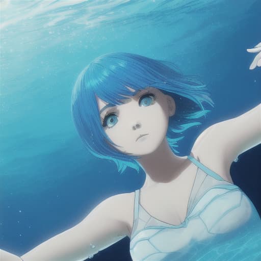  A girl under water with short blue hair no reaciton