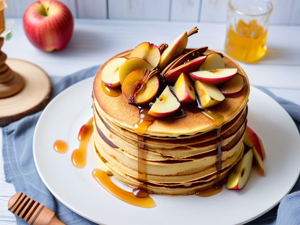  A closeup, ultradetailed image of a stack of freshly cooked oat and apple pancakes, topped with slices of caramelized apples, a drizzle of honey, and a sprinkle of cinnamon. The pancakes are golden brown, fluffy, and steaming, with the apple slices glistening in the light. The plate is placed on a sleek, modern wooden table with a minimalist design, emphasizing the simplicity and elegance of the dish. hyperrealistic, full body, detailed clothing, highly detailed, cinematic lighting, stunningly beautiful, intricate, sharp focus, f/1. 8, 85mm, (centered image composition), (professionally color graded), ((bright soft diffused light)), volumetric fog, trending on instagram, trending on tumblr, HDR 4K, 8K