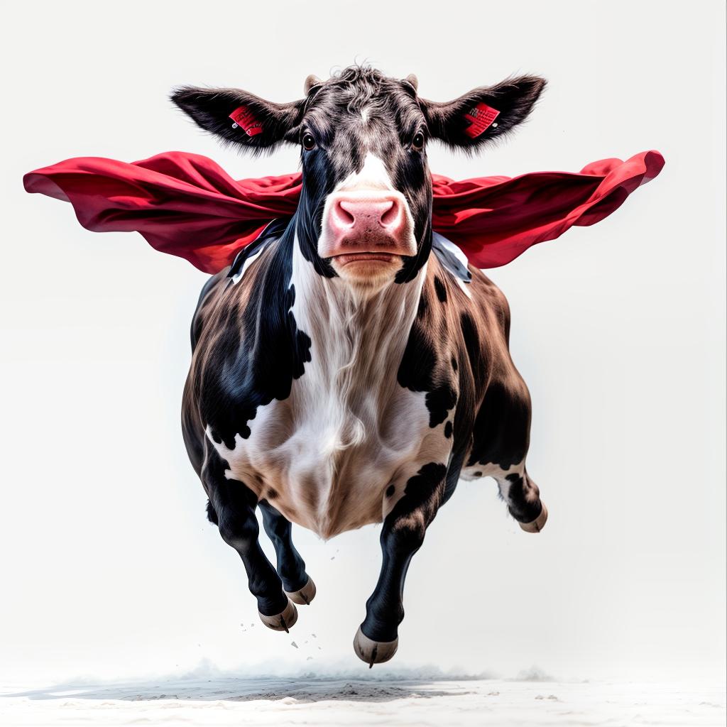  a flying cow, superman cape, on white background, RAW Photo, enhanced details, best quality, ultrahigh resolution, highly detailed, (sharp focus), masterpiece, (centered image composition), (professionally color graded), ((bright soft diffused light)), trending on instagram, trending on tumblr, HDR 4K