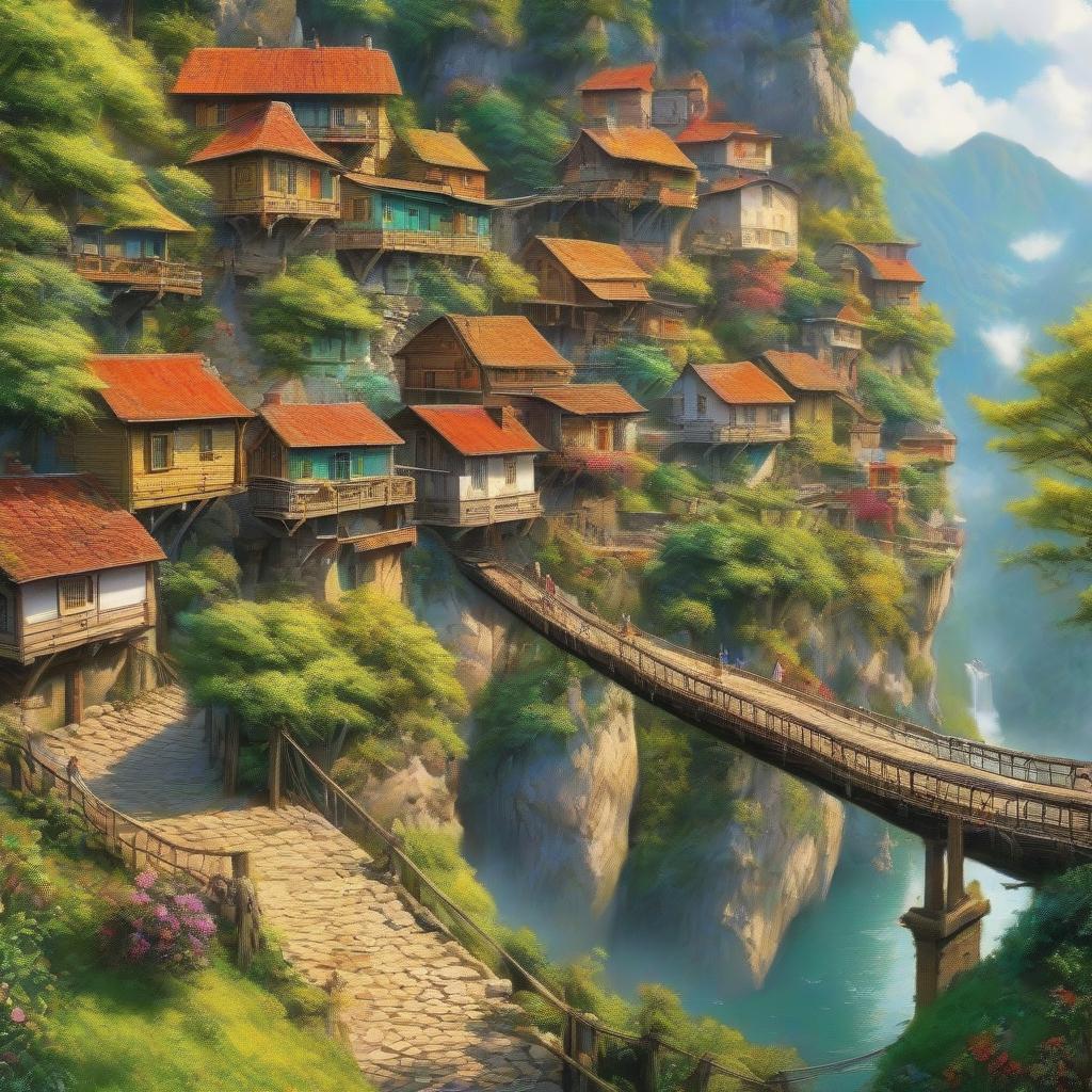  Write a colorful and picturesque village located on trees where houses are connected by suspension bridges. The landscape should be represented from the perspective of a village resident standing on one of the bridges. The bridge should be wide and appear as if the viewer is walking on it while looking at the scene. hyperrealistic, full body, detailed clothing, highly detailed, cinematic lighting, stunningly beautiful, intricate, sharp focus, f/1. 8, 85mm, (centered image composition), (professionally color graded), ((bright soft diffused light)), volumetric fog, trending on instagram, trending on tumblr, HDR 4K, 8K