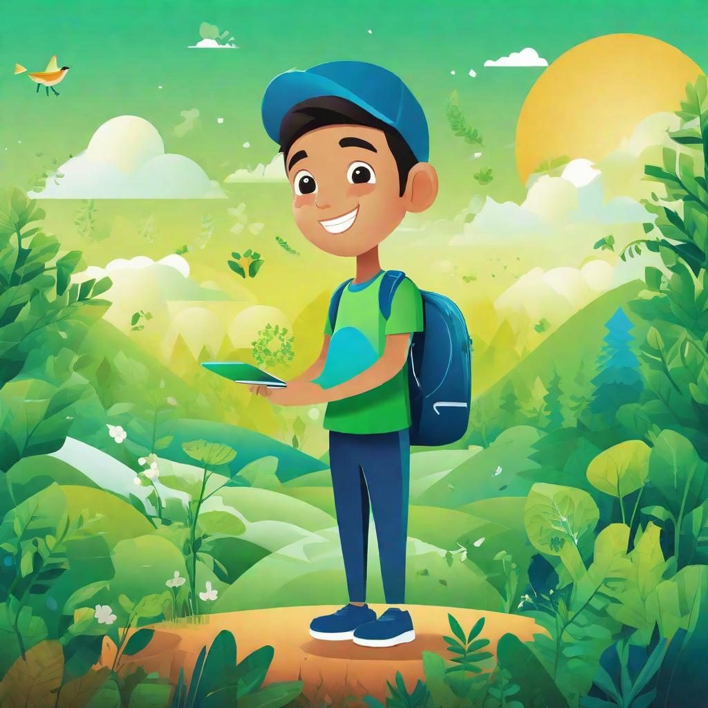  masterpiece, best quality,Background design: fresh green and blue gradient, representing harmony between nature and society. Core image design: a young man organizes an online environmental campaign through the network of Wopi. He uses smart devices to display his environmental projects, and the screen displays the slogan "cheer for the earth". The character occupies the right part of the picture.