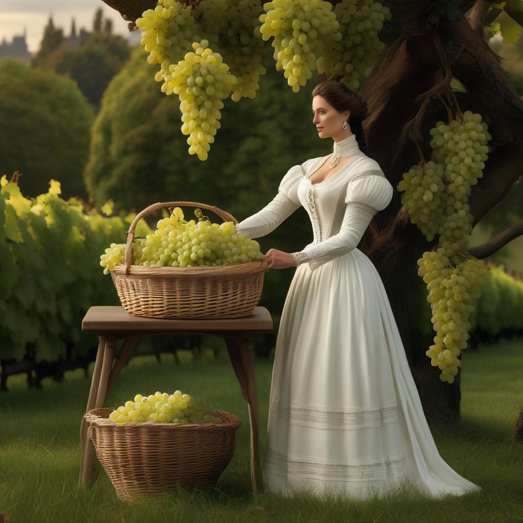  Victorian Beauty in Mourning: Beautiful full length white dress, holding a basket of white grapes, from the 1870s, picking grapes, small basket in an oak, masterpiece. Charming composition, Greg Ruthkovski, high quality 3D rendering of details. Color green, white, gray, yellow. hyperrealistic, full body, detailed clothing, highly detailed, cinematic lighting, stunningly beautiful, intricate, sharp focus, f/1. 8, 85mm, (centered image composition), (professionally color graded), ((bright soft diffused light)), volumetric fog, trending on instagram, trending on tumblr, HDR 4K, 8K