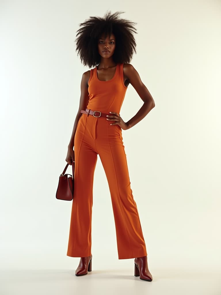  the editorial photography features an afrodescendant adult woman, styled in the manner of mario testino. she exhibits a muscular build and is captured in a studio with a white, minimalist background. her look includes curly locks and an autumn outfit complemented by chelsea boots and a tote bag. she stands firm with both hands on her waist. the color scheme showcases a gradient with smooth transitions, providing a modern and dynamic aesthetic.