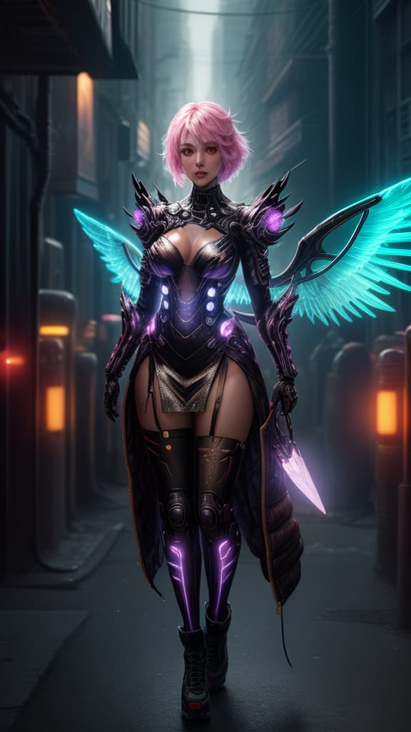  ((An ethereal female figure with delicate, luminescent wings, surrounded by glowing,  shiny skin, iridescent dress, detailed background)), cyberpunk, lighting bar, neon lights, neon signs. enchecned photo, neon glow hyperrealistic, full body, detailed clothing, highly detailed, cinematic lighting, stunningly beautiful, intricate, sharp focus, f/1. 8, 85mm, (centered image composition), (professionally color graded), ((bright soft diffused light)), volumetric fog, trending on instagram, trending on tumblr, HDR 4K, 8K