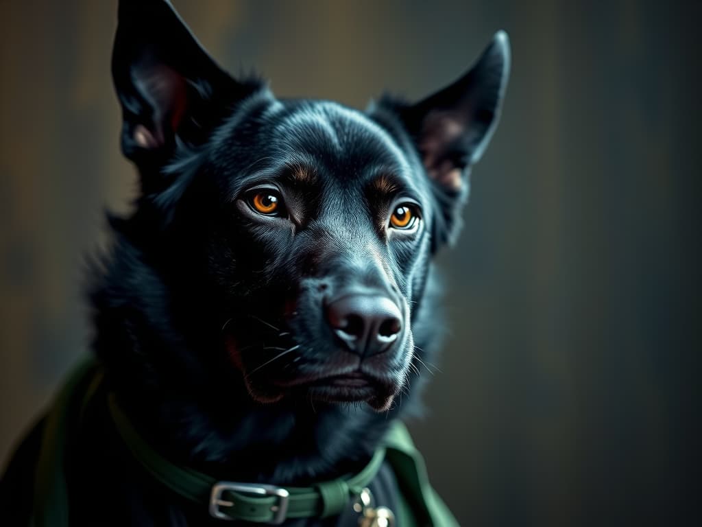  a black dog hyperrealistic, full body, detailed clothing, highly detailed, cinematic lighting, stunningly beautiful, intricate, sharp focus, f/1. 8, 85mm, (centered image composition), (professionally color graded), ((bright soft diffused light)), volumetric fog, trending on instagram, trending on tumblr, HDR 4K, 8K