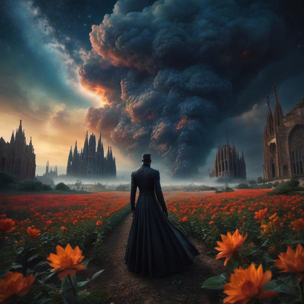  (stylized by Tomasz Alen Kopera:1.3) , dark art, dense flower field and Perseid meteor in background, landscape of a (Barcelona:1.2) , very Bizarre and 1600'S, Hurricane, Glitchcore, Amaro, layered textures, ornate, intricate artistic color, complimentary colors, very inspirational, atmosphere, fine artistic composition, sunny, theatrical hyperrealistic, full body, detailed clothing, highly detailed, cinematic lighting, stunningly beautiful, intricate, sharp focus, f/1. 8, 85mm, (centered image composition), (professionally color graded), ((bright soft diffused light)), volumetric fog, trending on instagram, trending on tumblr, HDR 4K, 8K