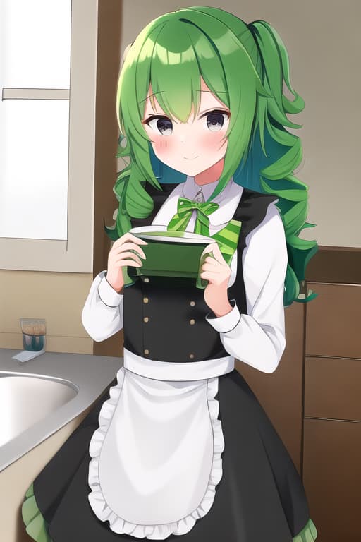 best quality, 1girl, (solo), standing, noodle hair, green hair, black eyes, shy, medium, maid dress, kitchen,