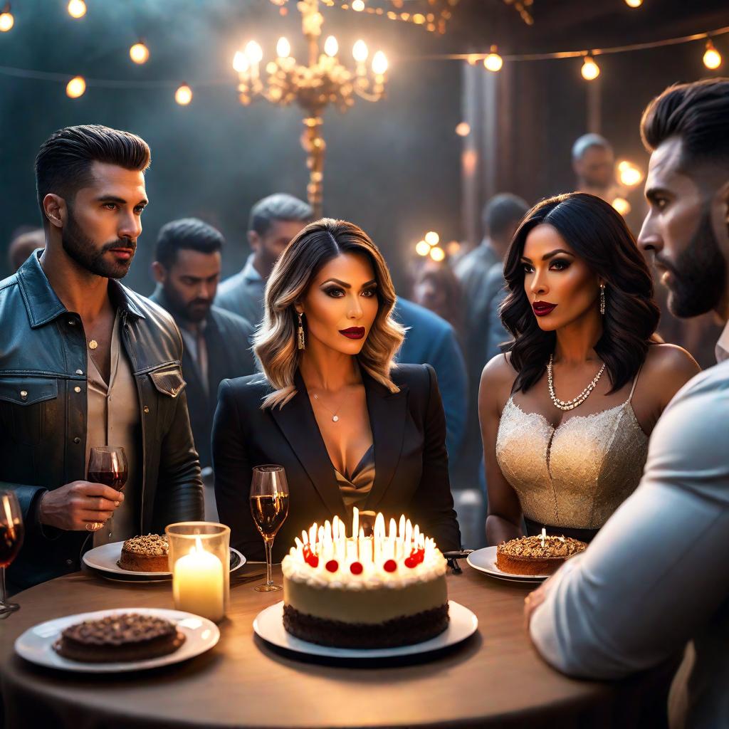  Birthday party hyperrealistic, full body, detailed clothing, highly detailed, cinematic lighting, stunningly beautiful, intricate, sharp focus, f/1. 8, 85mm, (centered image composition), (professionally color graded), ((bright soft diffused light)), volumetric fog, trending on instagram, trending on tumblr, HDR 4K, 8K