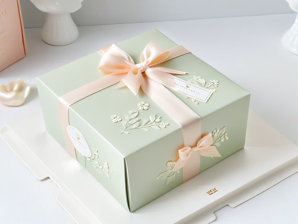  A minimalist image of a beautifully wrapped dessert box, featuring a sleek design with pastel colors and a subtle pattern of delicate dessert illustrations. The box is tied with a satin ribbon in a soft, elegant bow, creating a sense of luxury and sophistication. The background is a clean, white surface that enhances the simplicity and elegance of the packaging, making it the perfect visual representation of thematic packaging in dessert merchandising. hyperrealistic, full body, detailed clothing, highly detailed, cinematic lighting, stunningly beautiful, intricate, sharp focus, f/1. 8, 85mm, (centered image composition), (professionally color graded), ((bright soft diffused light)), volumetric fog, trending on instagram, trending on tumblr, HDR 4K, 8K