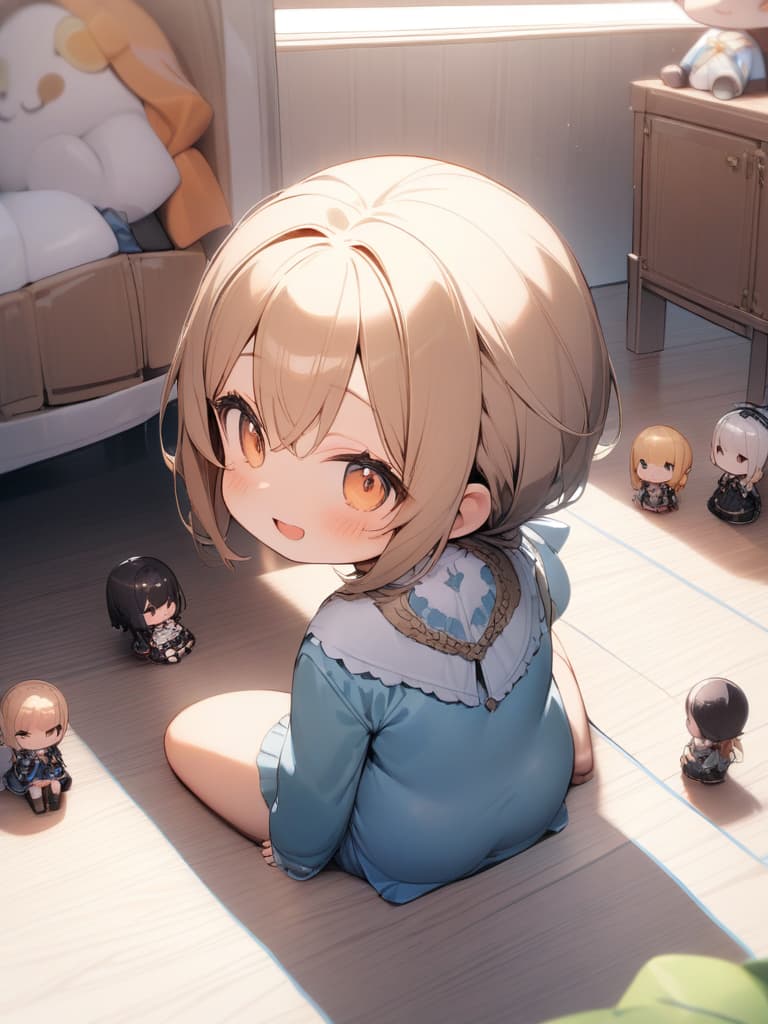  (((Wariza: 1.5, Sitting Down Floor, Looking Back, Infant Body Shape, Chibi Chara))), Mini Characters, ((Made: 1.2)), Open Mouth Smile, 💩,, masterpiece, best quality,8k,ultra detailed,high resolution,an extremely delicate and beautiful,hyper detail