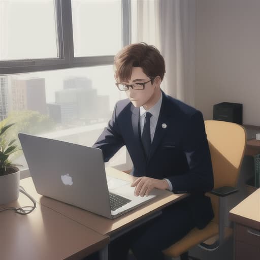  charming cow working hard on a laptop, sitting at a desk, wearing a suit, in a bedroom with a window with sunlight