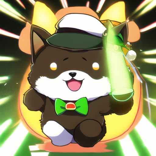  green furred shiba inu dog, white patch of fur on neck, wearing a dark brown fedora hat with a light brown strap around the hat, shooting red lazer beams from both eyes to the right, white tank top on body, money chain $ necklace around neck, green colored background