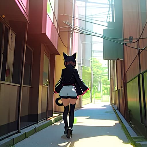  an anime girl with cat ears cat tail cat eyes walking into a realistic world