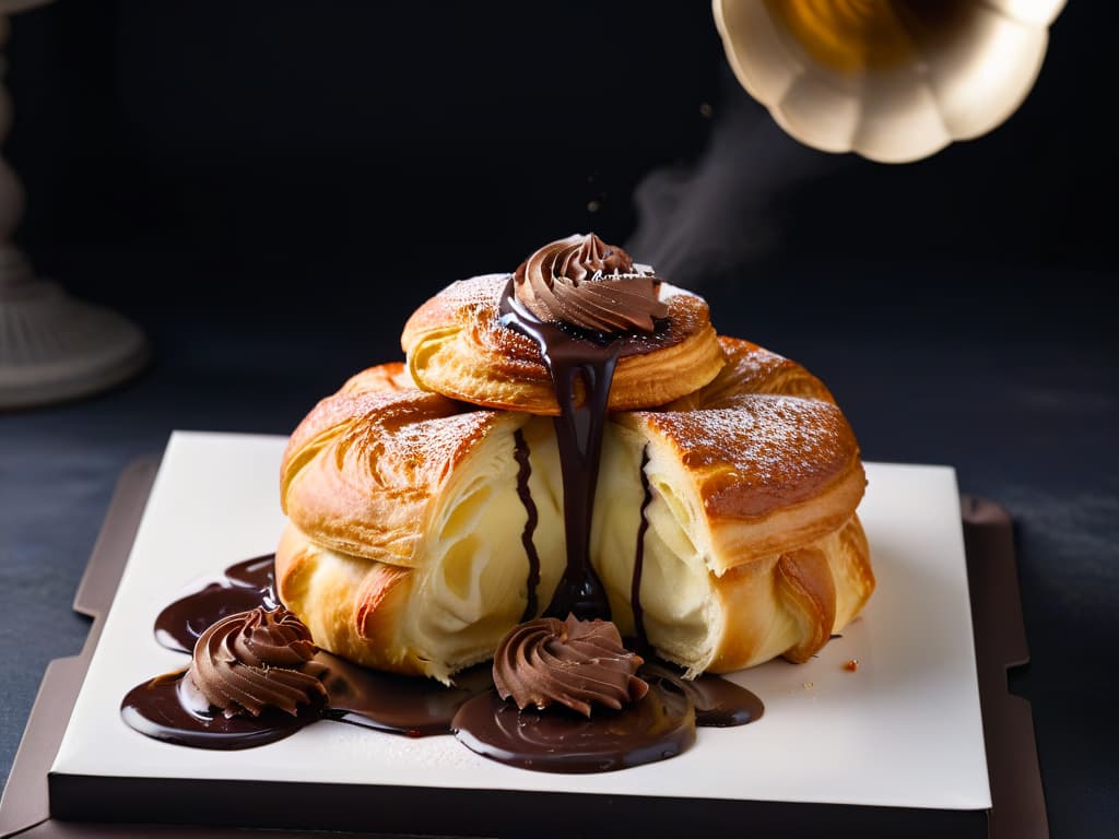  An ultradetailed closeup image of a golden, perfectly flaky croissant being split open to reveal layers of fluffy dough infused with swirls of rich chocolate ganache, with steam gently rising from its warm interior, all set against a sleek, matte black background. hyperrealistic, full body, detailed clothing, highly detailed, cinematic lighting, stunningly beautiful, intricate, sharp focus, f/1. 8, 85mm, (centered image composition), (professionally color graded), ((bright soft diffused light)), volumetric fog, trending on instagram, trending on tumblr, HDR 4K, 8K